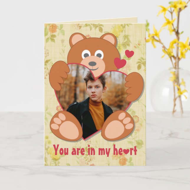 Modern Cute Yellow Teddy Bear Heart Photo Frame Card (Yellow Flower)