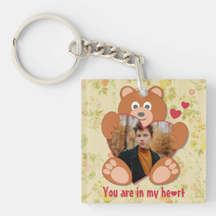 Modern Cute Yellow Teddy Bear Heart Photo Frame  Keychain