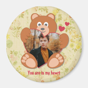 Modern Cute Yellow Teddy Bear Heart Photo Frame  Magnet