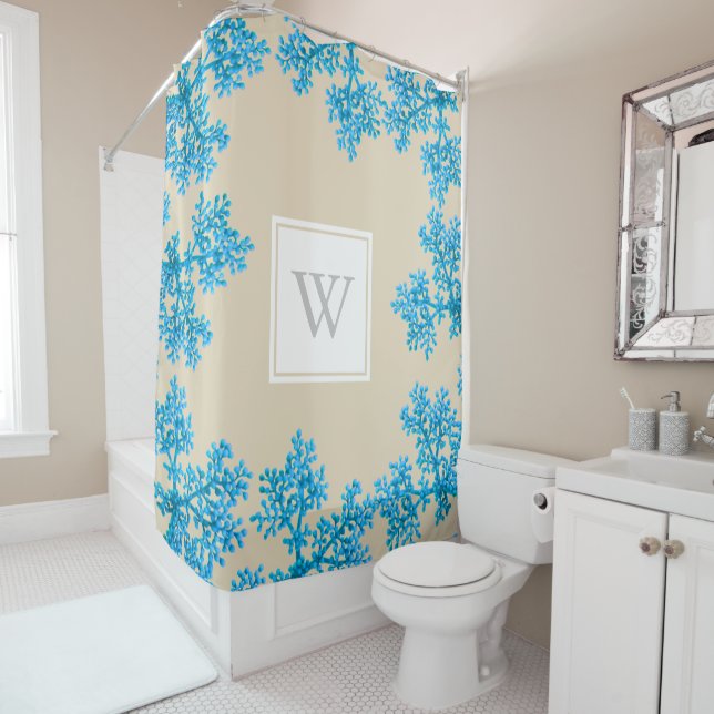 Modern Cyan Blue Flower Buds & Taupe | Monogram (In Situ)