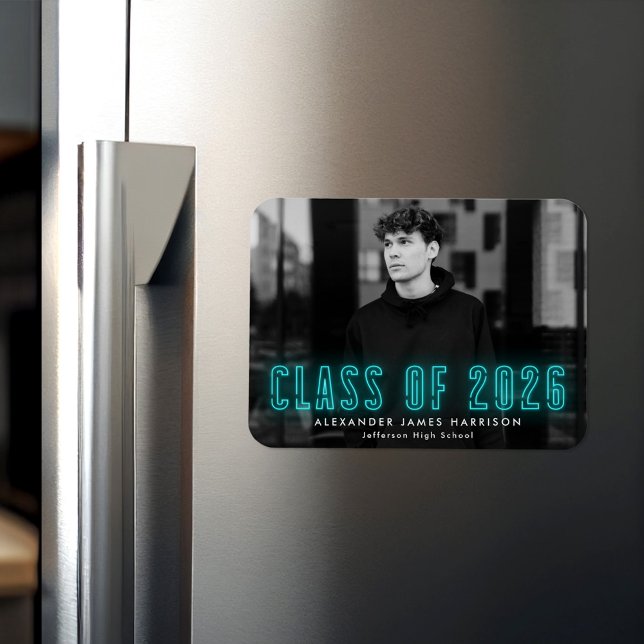 Modern Cyan Neon Class of 2025 Photo Graduation Magnet (Creator Uploaded)