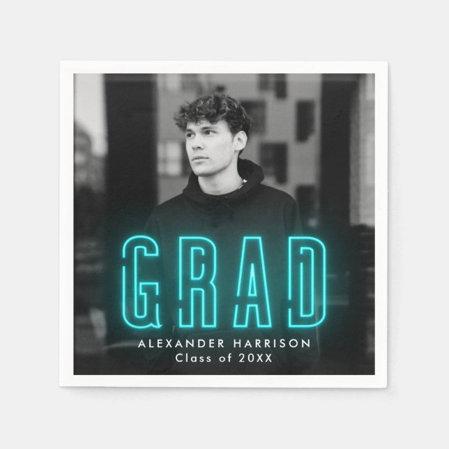 Modern Cyan Neon Photo Graduation Napkin (Front)