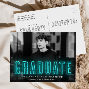 Modern Cyan Neon Photo Graduation Party Invitation Postcard