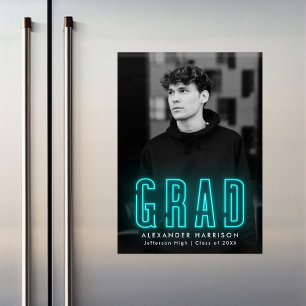 Modern Cyan Neon Vertical Photo Graduation Magnetic Invitation