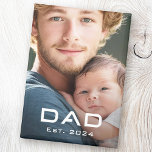 Modern dad est year father's day new baby photo magnet<br><div class="desc">Fridge magnet featuring your photo and the text "Dad" in a modern font with the est year below as a white overlay.</div>