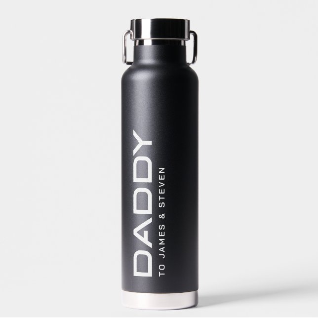 Modern daddy father's day kids names black water bottle (Front)