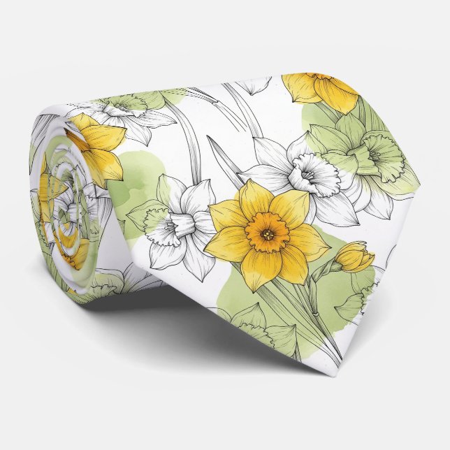 Modern Daffodil Botanical Pattern (1) Tie (Rolled)