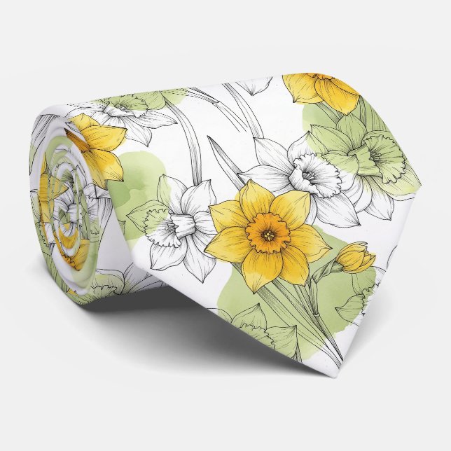 Modern Daffodil Botanical Pattern Tie (Rolled)