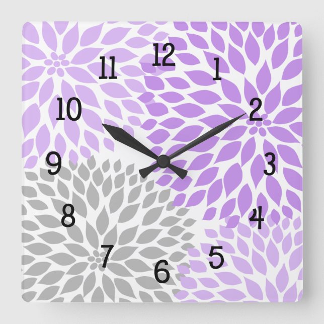 Modern Dahlia flowers purple lavender grey grey Square Wall Clock (Front)