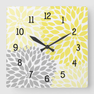 Modern Dahlia flowers yellow and grey grey Square Wall Clock