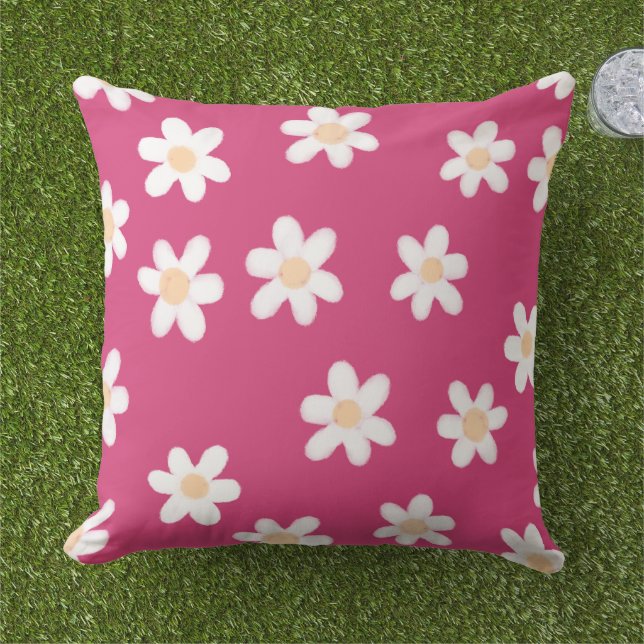Modern Daisies on Pink Outdoor Outdoor Pillow (Grass)