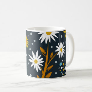 Modern Daisies Pattern on Dark Blue Coffee Mug