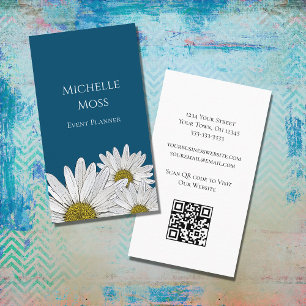 Modern Daisies QR code Floral Blue Business Card