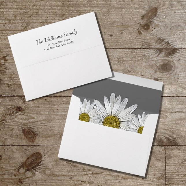 Modern Daisies Trendy Grey Script Return Address   Envelope (Creator Uploaded)