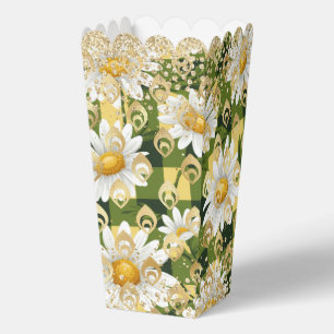 Modern Daisy Floral Chequerboard Gold Glitter Favor Box