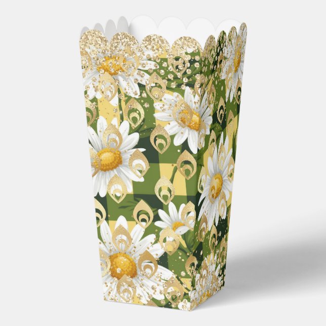 Modern Daisy Floral Chequerboard Gold Glitter Favor Box (Front)