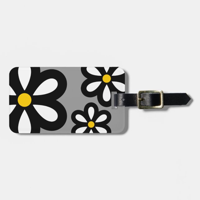 Modern Daisy Personalized Luggage Tag Yellow/Grey (Front Horizontal)