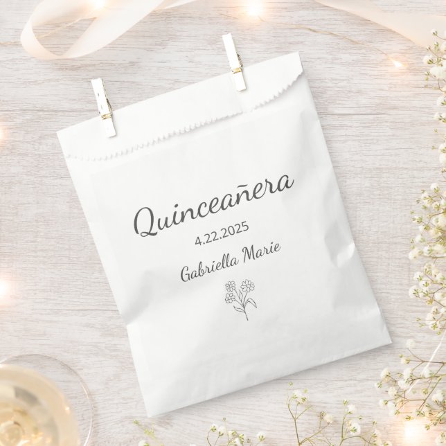 Modern Daisy Quinceañera Elegant Grey Typography Favour Bag (Clipped)