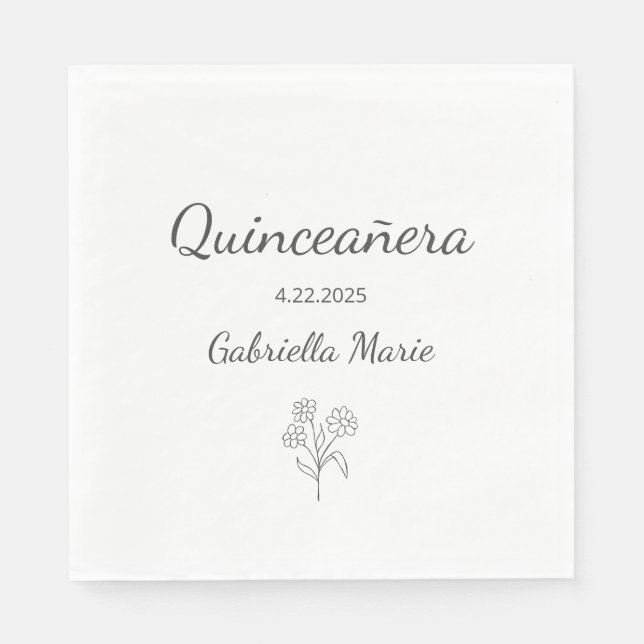 Modern Daisy Quinceañera Elegant Grey Typography Napkin (Front)