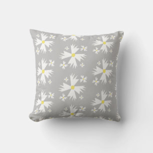 Modern Daisy White Yellow and Grey Floral Pattern Throw Pillow