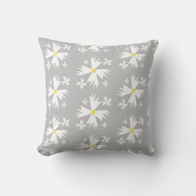 Modern Daisy White Yellow and Grey Floral Pattern Throw Pillow (Front)