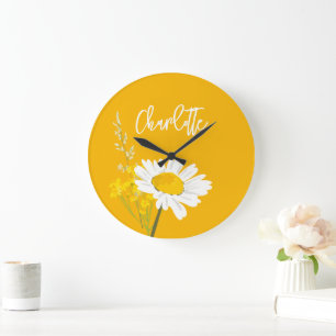 Modern Daisy Wildflowers Custom Monogram Large Clock