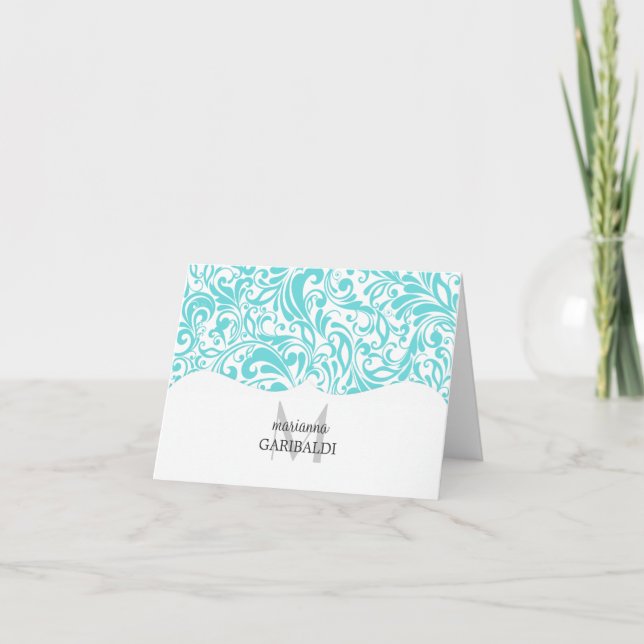 Modern Damask Aqua Personalized Note Card (Front)