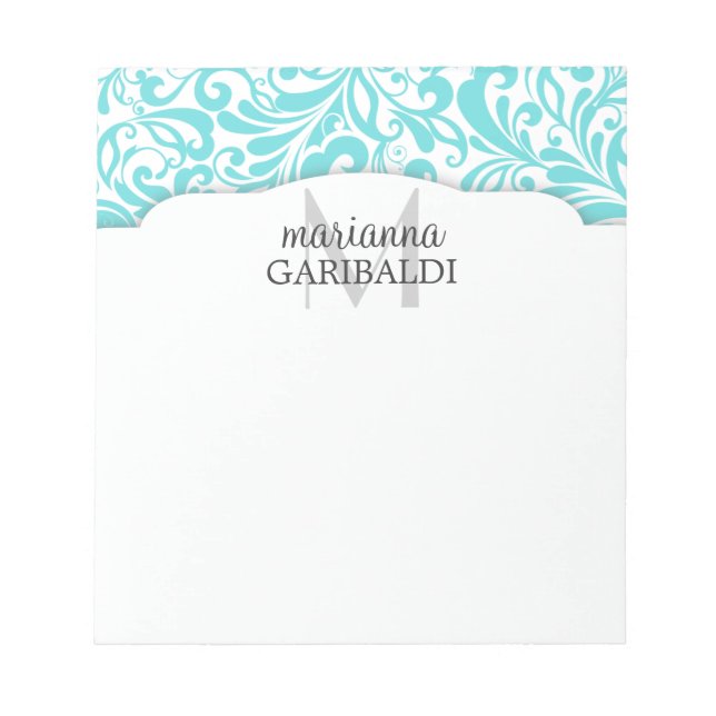 Modern Damask Aqua Personalized Notepad (Front)