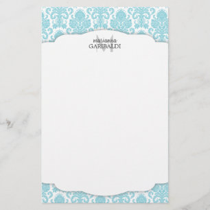 Modern Damask Aqua Personalized Stationery