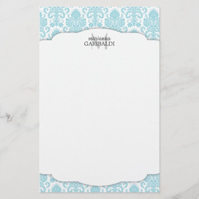 Modern Damask Aqua Personalized Stationery (Front)