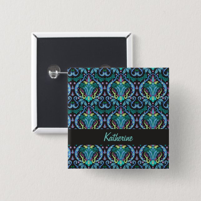 Modern Damask Art Deco Black Turquoise Blue Name 2 Inch Square Button (Front & Back)