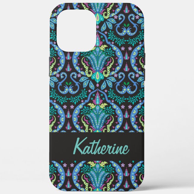 Modern Damask Art Deco Black Turquoise Blue Name Case-Mate iPhone Case (Back)