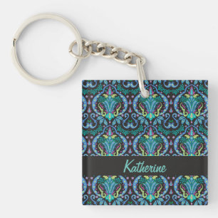 Modern Damask Art Deco Black Turquoise Blue Name Keychain