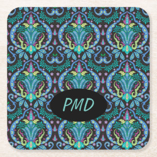 Modern Damask Art Deco Black Turquoise Blue Name Square Paper Coaster