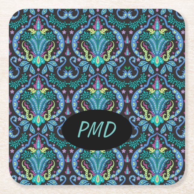 Modern Damask Art Deco Black Turquoise Blue Name Square Paper Coaster (Front)