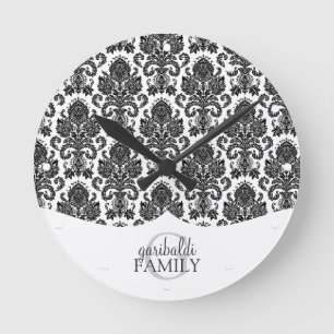 Modern Damask Black and White Family Personalized Round Clock
