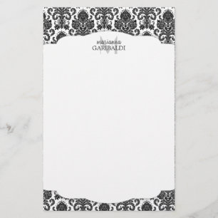 Modern Damask Black and White Personalized Stationery