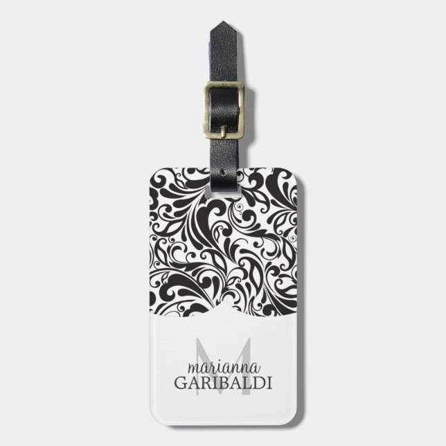Modern Damask Black Personalized Luggage Tag (Front Vertical)