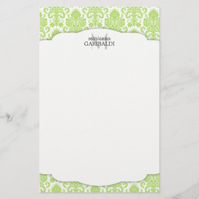 Modern Damask Green Personalized Stationery (Front)
