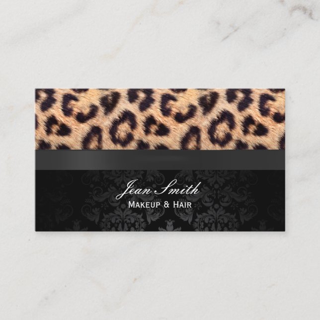 Modern Damask & Leopard Print Makeup Artist Business Card (Front)