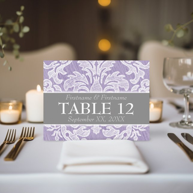 Modern Damask Pattern Wedding Table Numbers Postcard (Mod Lace - Lavender and Grey reserved wedding table number sign)