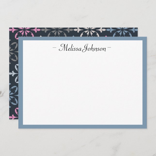 Modern Damask Pink and Navy Personalized Card (Front/Back)