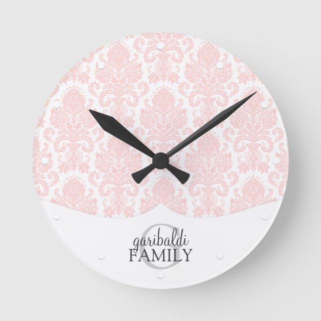 Modern Damask Pink Family Personalized Round Clock (Front)