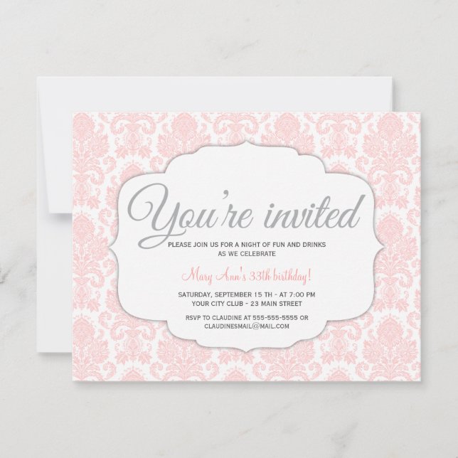 Modern Damask Pink Party Invitation (Front)