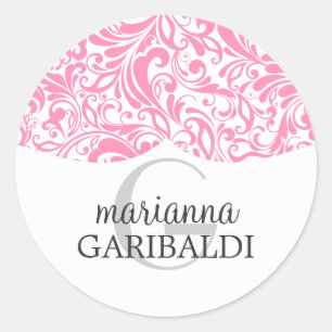 Modern Damask Pink Personalized Classic Round Sticker