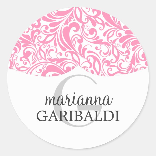 Modern Damask Pink Personalized Classic Round Sticker (Front)