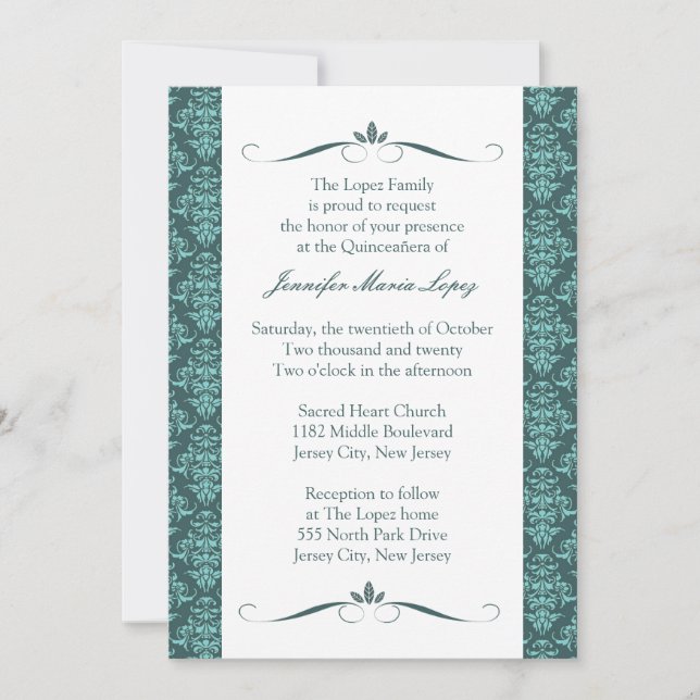 Modern Damask Quinceanera Invitations (Front)