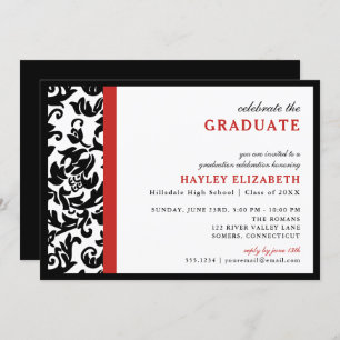 Modern Damask Red Border Graduation Invitation