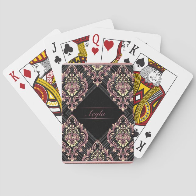 Modern Damask Rose Gold And Glitter Monogram Playing Cards (Back)