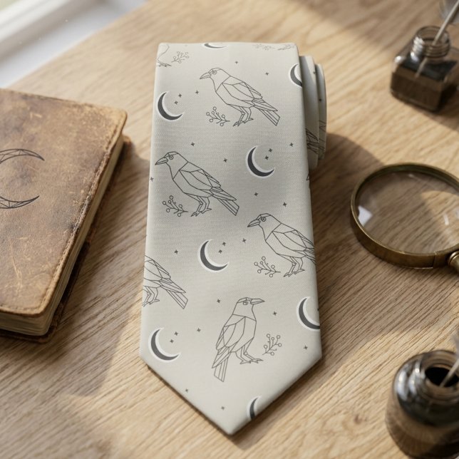 Modern Dark Academia Geometric Raven Tie (Whimsigoth raven necktie)